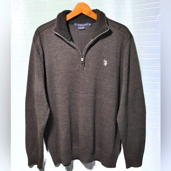 USPA 1/4 Zip Sweater Shoulder Patches Sherpa Lined Collar Gray Size XL - Picture 1 of 7